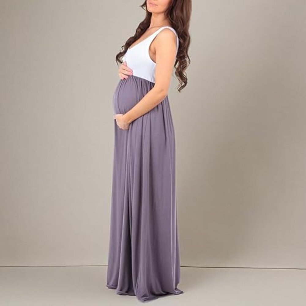 *Maternity* Sleeveless Ruched Waist Color Block Maxi Dress - Picture 5 of 8